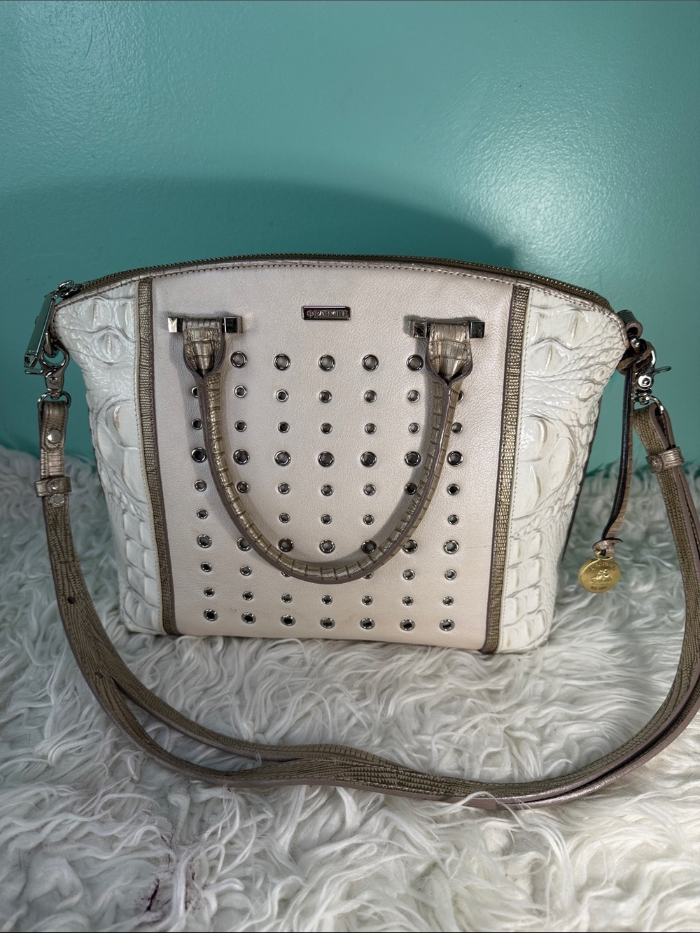 Brahmin Small Duxbury Ivory & Taupe Studded Shoulder Satchel